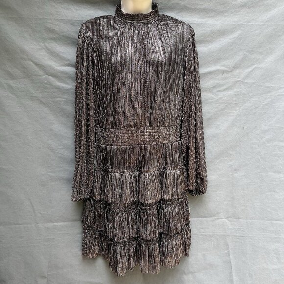 1. State Metallic Tiered Mini Dress Shimmery Long Sleeves Holiday New Years Sz L - Picture 1 of 5